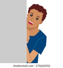 Junge versteckt sich hinter der Wand. Vektorgrafik