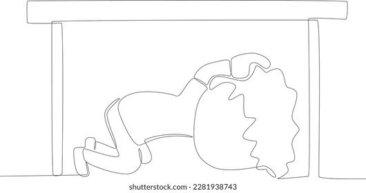 A boy hides in fear under the table. Earthquake one-line drawing