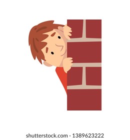 Boy Hiding Behind Brick Wall and Peeping Cartoon Vector Illustration