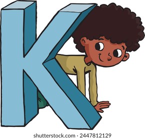 boy is hiding behind the capital letter K