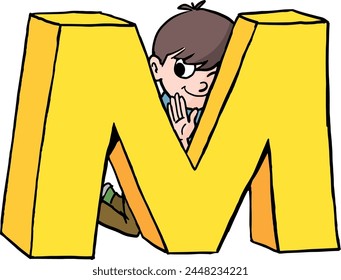 boy is hiding behind the capital letter M