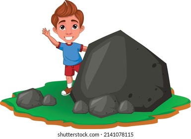 A boy is hiding behind a stone cartoon vector art and illustration