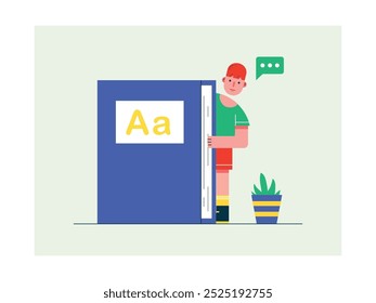 Boy hiding in a big book, homeschooling due to coronavirus pandemic. Character design. Vector flat illustration