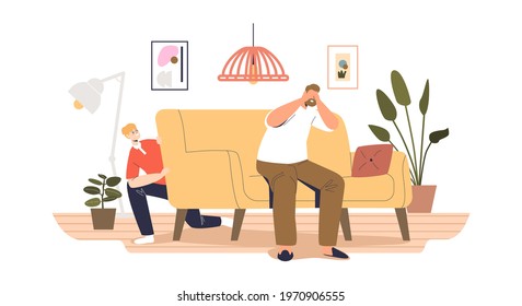 Boy hiding at sofa while father counting playing hide and seek game at home in living room. Son and dad leisure funny indoor activity and pastime concept. Cartoon flat vector illustration