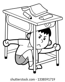 A Boy Hiding Under The Desk, Isolated On White Background.