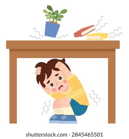 Boy Hiding Under Table During Earthquake Illustration