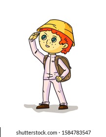 Boy hiker with backpack isolated on white. Camping activity. Cheap traveling choice. Extreme adventure. Active vacation. Walking tour. Trekking, climbing in mounts. Vector flat illustration