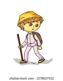Boy hiker with stick and backpack isolated on white. Camping activity. Cheap traveling choice. Extreme adventure. Active vacation. Walking tour. Trekking, climbing in mounts. Vector flat illustration