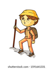 Boy hiker with stick and backpack isolated on white. Camping activity. Cheap traveling choice. Extreme adventure. Active vacation. Walking tour. Trekking, climbing in mounts. Vector flat illustration