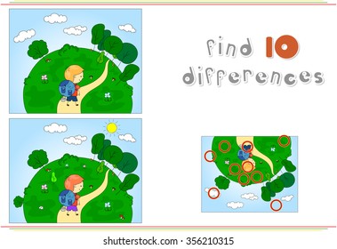A boy with a hiking backpack goes to the forest. Educational game for kids: find ten differences. Vector illustration