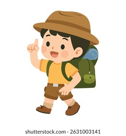 Boy Hiking with Backpack and Hat cartoon