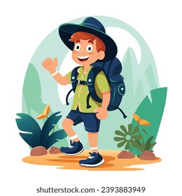 Boy Hiking with Backpack and Thumbs Up, Smiling Kid in Hat and Backpack Walking on Trail Cartoon Vector Illustration. Adventure young man 