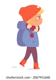 Boy Hiking With Backpack Vector Illustration. Cartoon Winter Walk Of Child Camper In Park Or Woods, Little Male Scout In Warm Outfit Carrying Rucksack And Walking On Snow Path Isolated On White