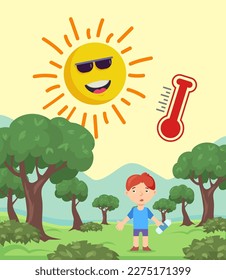 Boy hiking in forest vector illustration. Frustrated young man with bottle of water under hot sun and red thermometer. Hot weather, high temperature, climate change, global warming concept