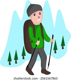 Boy hiking the mountain illustration