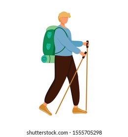 Boy with hiking sticks flat vector illustration. Camping activity. Cheap travelling choice. Active vacation. Budget tourism. Walking tour isolated cartoon character on white background