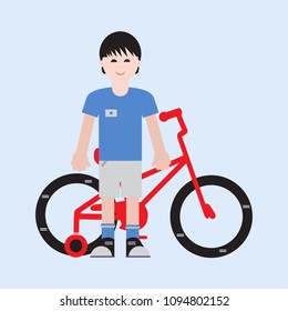 Boy and his bicycle. Sport and active leisure.