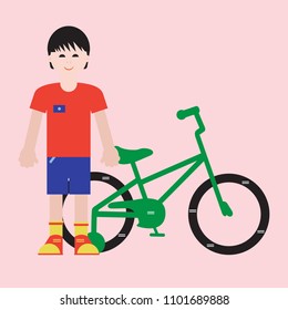 Boy and his bicycle. Sport and active leisure.