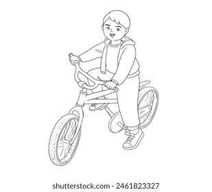 boy and his bicycle vector illustration outline stroke