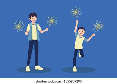 Boy and his big brother playing fireworks together