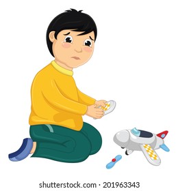 Boy with His Broken Toy Vector Illustration