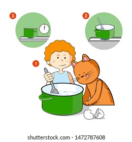 Boy with his cat cooking in the kitchen. Stir food with the spoon. Isolated vector illustration.