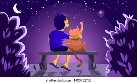 the boy and his cat, embracing, sitting on a bench, look at the night sky. author's drawing. vector