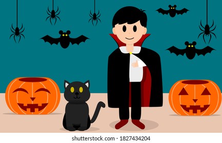 Boy and his cat are waiting for "Trick or Treat" at home.
