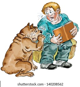 Boy and his Dog crying reading sad book