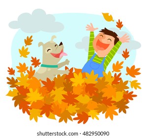 Boy And His Dog Playing In A Pile Of Autumn Leaves