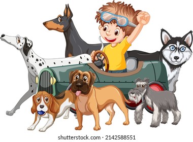 A boy with his dogs in cartoon style illustration