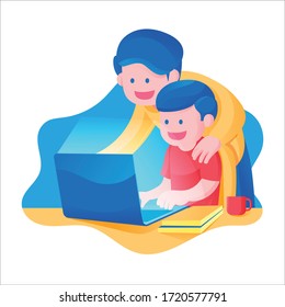 A boy with his father learning online in School from home activity, Study in front of Laptop and books colorful theme vector illustration