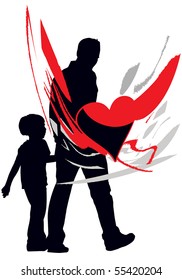 A boy and his father are walking.