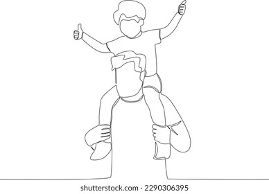 A boy in his father's arms while making an okay pose. Father's Day one-line drawing