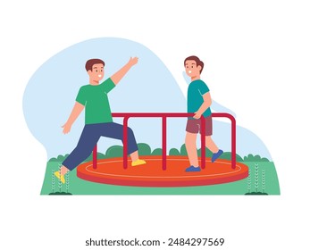 A boy and his friend are happily playing roundabout, adventure playground. Character design. Vector flat illustration