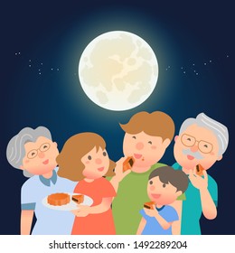 a boy with his grandparent and parent in Mid-Autumn Festival eating moon cake illustration.