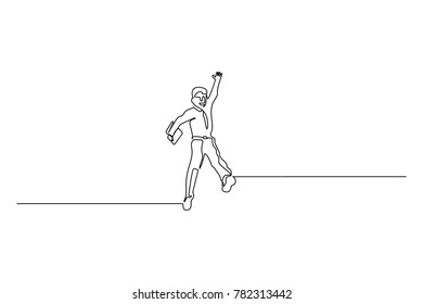 The boy with his hand up. In the second hand is a book. Continuous line.