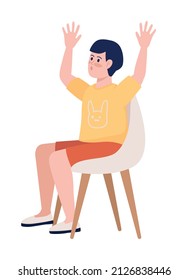 Boy with his hands up semi flat color vector character. Sitting figure. Full body person on white. Festive celebration simple cartoon style illustration for web graphic design and animation