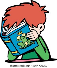 boy with his head in a book reads a fairy tale about a frog prince