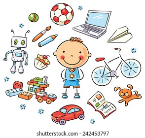 Boy and his interests set, toys, books, sweets, computer, puppy, isolated