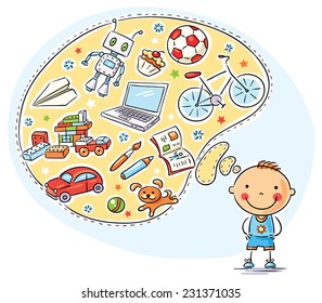 Boy and his interests in a speech bubble, toys, books, sweets, sport, computer, puppy