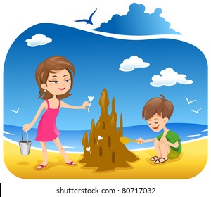 Boy and his mother at the Beach building sand castle