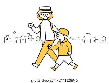 A boy and his mother going out wearing a hat