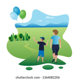 The boy with his mother lets three balloons into the sky in a field in nature. A woman with her son are walking in the summer along a country road amidst green expanses. Eco idea, vector illustration