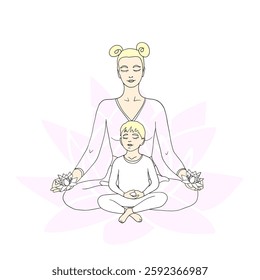 A boy and his mother meditate against the background of a lotus flower