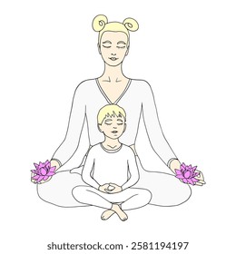 The boy and his mother sit and meditate with their eyes closed. Mom is holding lotus flowers in her hands. Vector illustration on a white background.