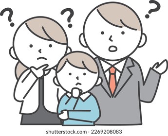 A boy and his parents with a troubled expression with a question mark on their head.
Illustration of elementary school son and parents.