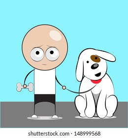 boy with his pet in one hand and in the other a bone, blue background with gray