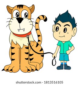 el niño y su tigre mascota. dibujos animados de ilustraciones vectoriales