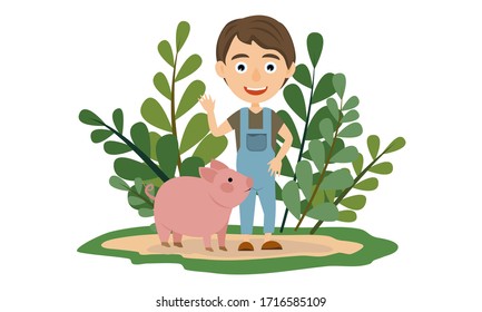 A boy and his pink fat pig stand in tall green grass. Pet. Farm and farming. Children cartoon vector illustration.